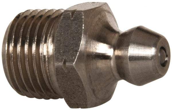 Alemite - Straight Head Angle, 1/4-28 Taper Nickel/Copper Standard Grease Fitting - 5/16" Hex, 17/32" Overall Height, 3/16" Shank Length - Caliber Tooling