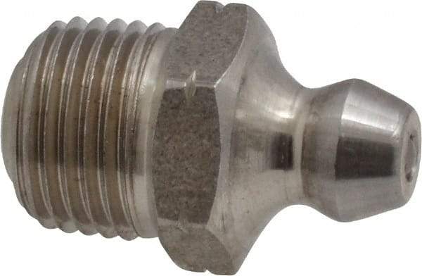 Alemite - Straight Head Angle, 1/8 PTF Nickel/Copper Standard Grease Fitting - 7/16" Hex, 3/4" Overall Height, 5/16" Shank Length - Caliber Tooling