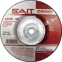 Sait - 24 Grit, 4-1/2" Wheel Diam, 1/4" Wheel Thickness, Type 28 Depressed Center Wheel - Aluminum Oxide, Resinoid Bond, R Hardness, 13,300 Max RPM, Compatible with Angle Grinder - Caliber Tooling