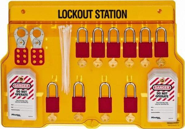 Master Lock - 14 Piece, Equipped Polycarbonate Padlock Station - 22 Inch Wide x 15-1/2 Inch High x 1-3/4 Inch Deep, Black on Yellow, Covered - Caliber Tooling