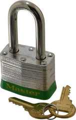 Master Lock - Keyed Different Retaining Key Conductive Lockout Padlock - 1-1/2" Shackle Clearance, 9/32" Shackle Diam, 1-1/4" Body Height x 1-9/16" Body Width, Green, 4 Pins - Caliber Tooling