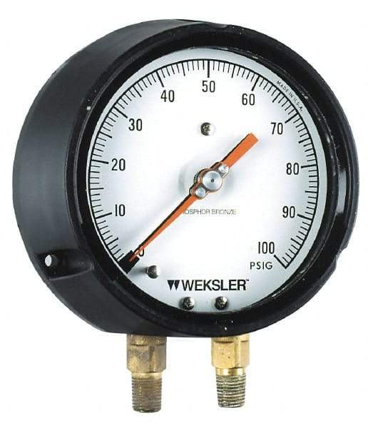 Weksler Instruments - 4-1/2" Dial, 1/4 Thread, 0-30 Scale Range, Pressure Gauge - Lower Connection, Rear Flange Connection Mount - Caliber Tooling