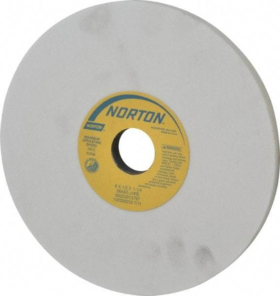 Norton - 8" Diam x 1-1/4" Hole x 1/2" Thick, J Hardness, 80 Grit Surface Grinding Wheel - Aluminum Oxide, Type 1, Medium Grade, 3,600 Max RPM, Vitrified Bond, No Recess - Caliber Tooling