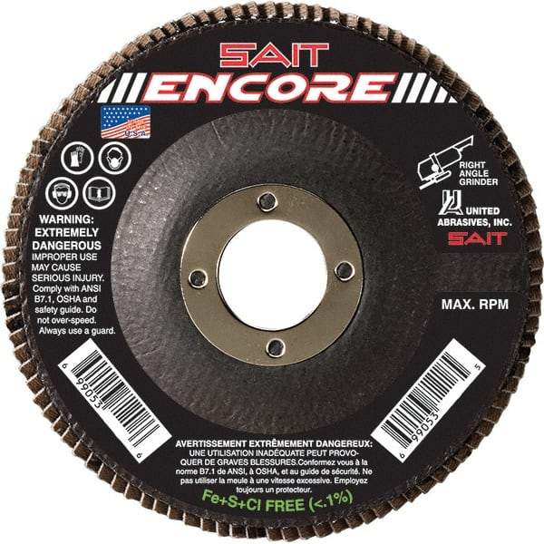 Sait - 40 Grit, 4-1/2" Disc Diam, 7/8" Center Hole, Type 27 Zirconia Alumina Flap Disc - 13,300 Max RPM, Fiberglass Backing, Arbor Attaching System, Coated - Caliber Tooling