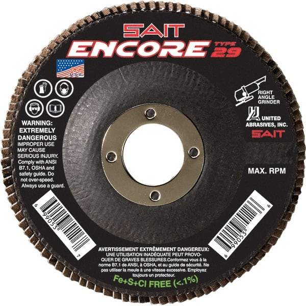 Sait - 36 Grit, 7" Disc Diam, 7/8" Center Hole, Type 27 Zirconia Alumina Flap Disc - 8,500 Max RPM, Fiberglass Backing, Arbor Attaching System, Coated - Caliber Tooling