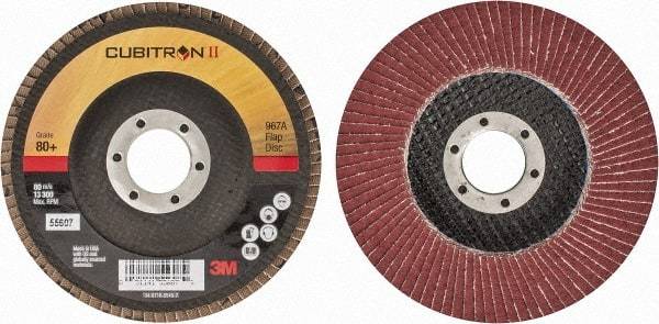 3M - 80 Grit, 4-1/2" Disc Diam, 7/8" Center Hole, Type 27 Ceramic Flap Disc - 13,300 Max RPM, Cloth Backing, Arbor Attaching System, Coated - Caliber Tooling