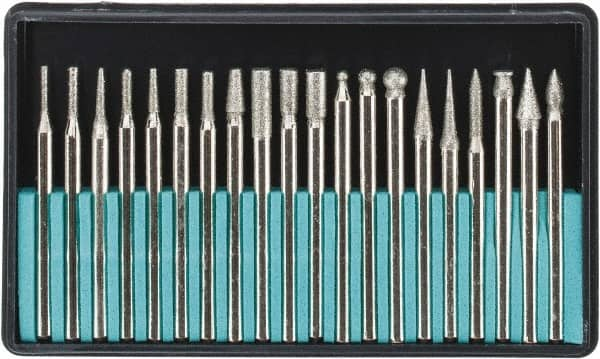 Value Collection - 20 Piece Diamond Abrasive Grinding Pin Set - Includes 1-3/4" Diam Long x 1/8" Diam Shank - Caliber Tooling