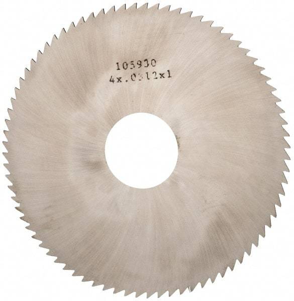 Made in USA - 4" Diam x 0.0312" Blade Thickness x 1" Arbor Hole Diam, 80 Tooth Slitting and Slotting Saw - Arbor Connection, Right Hand, Uncoated, Solid Carbide, 5° Rake, Concave Ground - Caliber Tooling