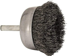 Made in USA - 2-1/4" Diam, 1/4" Shank Crimped Wire Steel Cup Brush - 0.0104" Filament Diam, 5/8" Trim Length, 13,000 Max RPM - Caliber Tooling