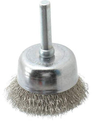 Made in USA - 1-3/4" Diam, 1/4" Shank Crimped Wire Stainless Steel Cup Brush - 0.006" Filament Diam, 3/4" Trim Length, 13,000 Max RPM - Caliber Tooling