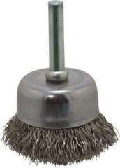 Made in USA - 1-3/4" Diam, 1/4" Shank Crimped Wire Stainless Steel Cup Brush - 0.0104" Filament Diam, 3/4" Trim Length, 13,000 Max RPM - Caliber Tooling