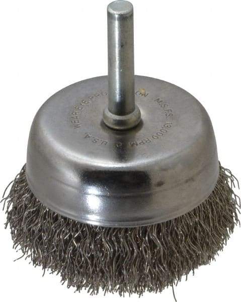 Made in USA - 2-1/4" Diam, 1/4" Shank Crimped Wire Stainless Steel Cup Brush - 0.0118" Filament Diam, 5/8" Trim Length, 13,000 Max RPM - Caliber Tooling