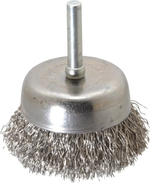 Made in USA - 2-1/4" Diam, 1/4" Shank Crimped Wire Stainless Steel Cup Brush - 0.014" Filament Diam, 5/8" Trim Length, 13,000 Max RPM - Caliber Tooling