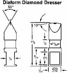 Made in USA - 0.015" Radius Single Point Diaform Diamond Dresser - 1-3/4" Long x 1/4" Shank Diam, 60° Included Angle - Caliber Tooling