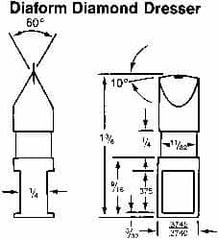 Made in USA - 0.015" Radius Single Point Diaform Diamond Dresser - 1-3/8" Long x 1/4" Shank Diam, 60° Included Angle - Caliber Tooling