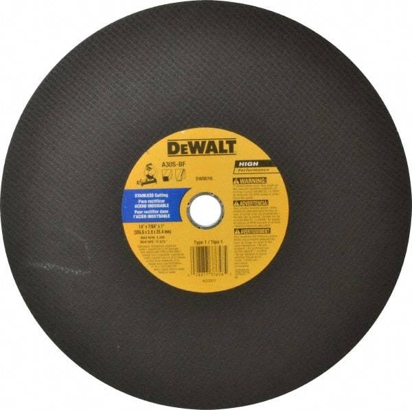 DeWALT - 14" Aluminum Oxide Cutoff Wheel - 7/64" Thick, 1" Arbor, 4,300 Max RPM, Use with Stationary Tools - Caliber Tooling