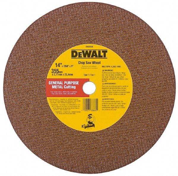 DeWALT - 12" Aluminum Oxide Cutoff Wheel - 7/64" Thick, 1" Arbor, 5,000 Max RPM, Use with Stationary Tools - Caliber Tooling