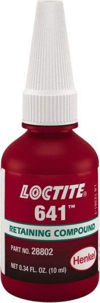 Loctite - 10 mL, Yellow, Low Strength Liquid Retaining Compound - Series 641, 24 hr Full Cure Time - Caliber Tooling