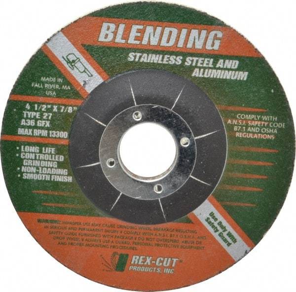 Rex Cut Product - 36 Grit, 4-1/2" Wheel Diam, 1/4" Wheel Thickness, 7/8" Arbor Hole, Type 27 Depressed Center Wheel - Aluminum Oxide, Rubber Bond, 13,300 Max RPM, Compatible with Angle Grinder - Caliber Tooling