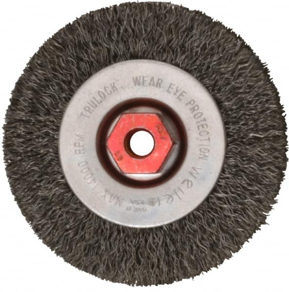 Weiler - 4" OD, M10x1.50 Arbor Hole, Crimped Steel Wheel Brush - 1/2" Face Width, 7/8" Trim Length, 0.014" Filament Diam, 14,000 RPM - Caliber Tooling