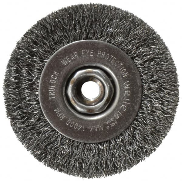 Weiler - 4" OD, 1/2-13 Arbor Hole, Crimped Steel Wheel Brush - 1/2" Face Width, 7/8" Trim Length, 0.014" Filament Diam, 14,000 RPM - Caliber Tooling