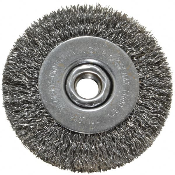 Weiler - 4" OD, 5/8-11 Arbor Hole, Crimped Steel Wheel Brush - 1/2" Face Width, 7/8" Trim Length, 0.014" Filament Diam, 14,000 RPM - Caliber Tooling