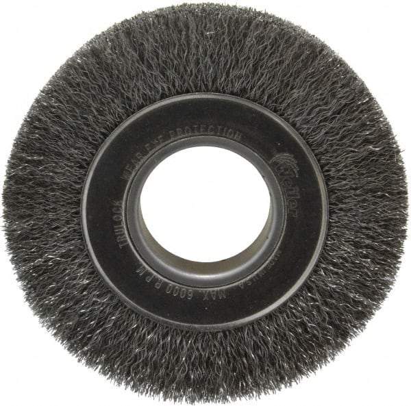 Weiler - 6" OD, 2" Arbor Hole, Crimped Steel Wheel Brush - 1" Face Width, 1-1/8" Trim Length, 0.0104" Filament Diam, 6,000 RPM - Caliber Tooling