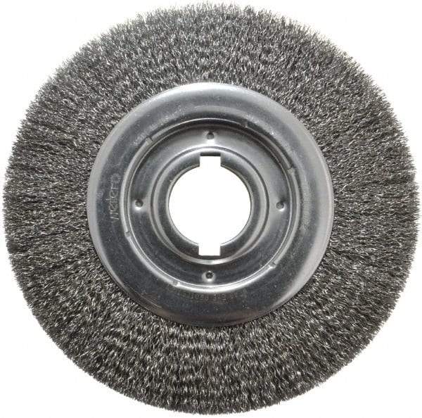 Weiler - 10" OD, 2" Arbor Hole, Crimped Steel Wheel Brush - 1-1/8" Face Width, 2" Trim Length, 0.014" Filament Diam, 3,600 RPM - Caliber Tooling