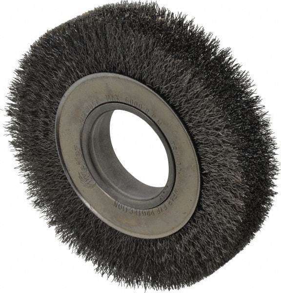 Weiler - 6" OD, 2" Arbor Hole, Crimped Steel Wheel Brush - 1-1/4" Face Width, 1-1/8" Trim Length, 0.0104" Filament Diam, 6,000 RPM - Caliber Tooling