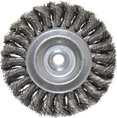 Weiler - 4" OD, 1/2" Arbor Hole, Knotted Steel Wheel Brush - 1/2" Face Width, 7/8" Trim Length, 0.014" Filament Diam, 20,000 RPM - Caliber Tooling