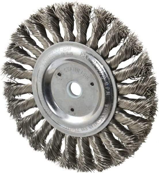 Weiler - 6" OD, 5/8" Arbor Hole, Knotted Stainless Steel Wheel Brush - 1/2" Face Width, 1-3/8" Trim Length, 0.016" Filament Diam, 9,000 RPM - Caliber Tooling