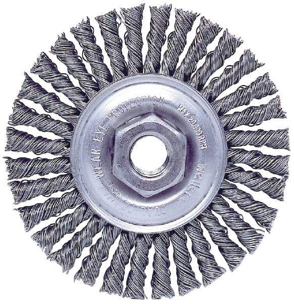 Weiler - 4" OD, M10x1.25 Arbor Hole, Knotted Stainless Steel Wheel Brush - 3/16" Face Width, 7/8" Trim Length, 0.02" Filament Diam, 20,000 RPM - Caliber Tooling