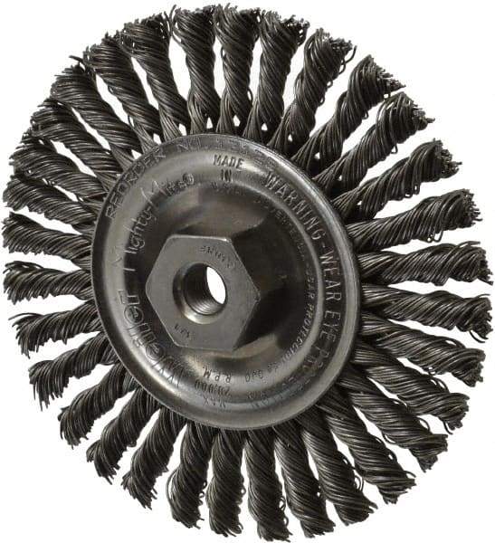 Weiler - 4" OD, 3/8-24 Arbor Hole, Knotted Steel Wheel Brush - 3/16" Face Width, 7/8" Trim Length, 0.02" Filament Diam, 20,000 RPM - Caliber Tooling