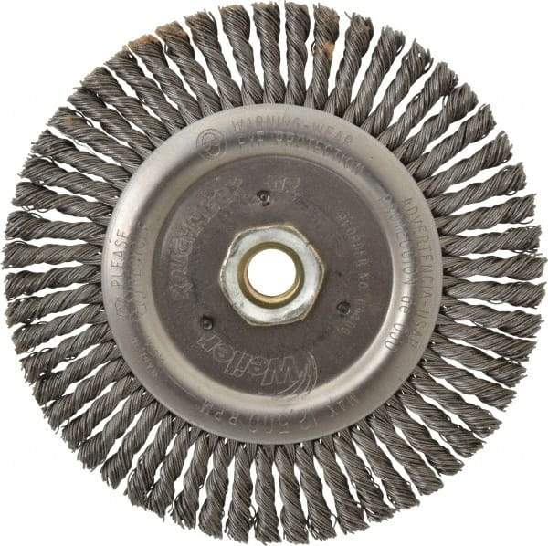 Weiler - 6" OD, 5/8-11 Arbor Hole, Knotted Steel Wheel Brush - 3/16" Face Width, 1-1/8" Trim Length, 0.02" Filament Diam, 12,500 RPM - Caliber Tooling