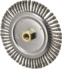 Weiler - 6-7/8" OD, 5/8-11 Arbor Hole, Knotted Stainless Steel Wheel Brush - 3/16" Face Width, 1-1/8" Trim Length, 0.02" Filament Diam, 9,000 RPM - Caliber Tooling