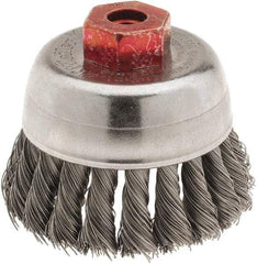 Weiler - 2-3/4" Diam, M10x1.50 Threaded Arbor, Steel Fill Cup Brush - 0.014 Wire Diam, 7/8" Trim Length, 14,000 Max RPM - Caliber Tooling