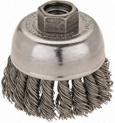 Weiler - 2-3/4" Diam, 5/8-11 Threaded Arbor, Steel Fill Cup Brush - 0.02 Wire Diam, 7/8" Trim Length, 14,000 Max RPM - Caliber Tooling