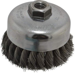 Weiler - 4" Diam, 5/8-11 Threaded Arbor, Steel Fill Cup Brush - 0.014 Wire Diam, 1-1/4" Trim Length, 9,000 Max RPM - Caliber Tooling