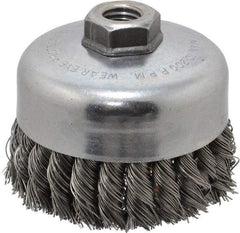 Weiler - 4" Diam, 5/8-11 Threaded Arbor, Steel Fill Cup Brush - 0.023 Wire Diam, 1-1/4" Trim Length, 9,000 Max RPM - Caliber Tooling