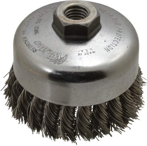 Weiler - 4" Diam, 5/8-11 Threaded Arbor, Stainless Steel Fill Cup Brush - 0.023 Wire Diam, 1-1/4" Trim Length, 9,000 Max RPM - Caliber Tooling
