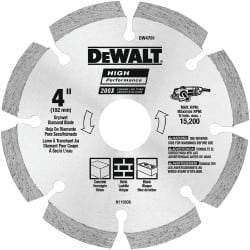 DeWALT - 4" Diam, 5/8 & 7/8" Arbor Hole Diam, 8 Tooth Wet & Dry Cut Saw Blade - Diamond-Tipped, Straight Action, Standard Round Arbor - Caliber Tooling