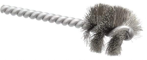 Made in USA - 1-1/8" Diam Helical Stainless Steel Tube Brush - 0.008" Filament Diam, 1" Brush Length, 3-1/2" OAL, 0.248" Diam Stainless Steel Shank - Caliber Tooling