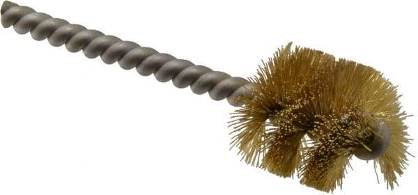 Made in USA - 1" Diam Helical Brass Tube Brush - Single Spiral, 0.008" Filament Diam, 1" Brush Length, 3-1/2" OAL, 0.248" Diam Stainless Steel Shank - Caliber Tooling