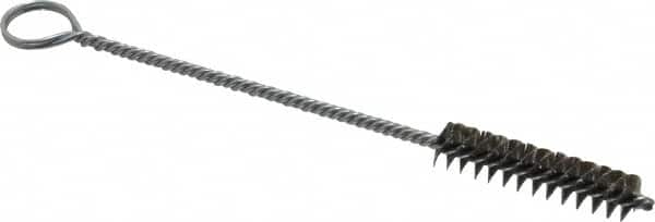 Made in USA - 1-1/2" Long x 3/8" Diam Stainless Steel Twisted Wire Bristle Brush - Double Spiral, 5-1/2" OAL, 0.005" Wire Diam, 1/8" Shank Diam - Caliber Tooling