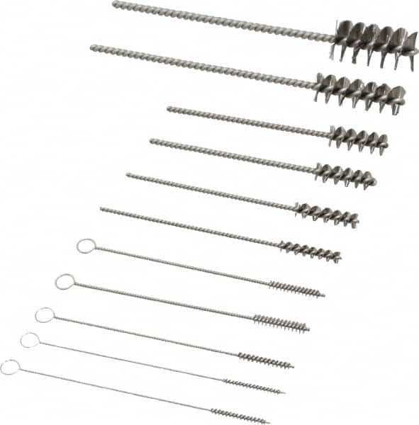 PRO-SOURCE - 11 Piece Stainless Steel Hand Tube Brush Set - 3/4" to 1-1/2" Brush Length, 4" OAL, 0.034" Shank Diam, Includes Brush Diams 1/4", 5/16", 3/8", 1/2" & 3/4" - Caliber Tooling
