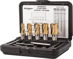 Hougen - 8 Piece, 9/16 to 1-1/16" Cutter Diam, 1" Cutting Depth, High Speed Steel Annular Cutter Set - TiN Finish, 3/4" Shank Diam, 9/16, 11/16, 13/16, 15/16, 1-1/16" Cutter Diams, 2 Flats on Shank - Caliber Tooling