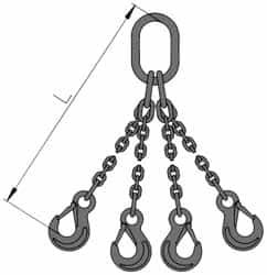 Pewag - 5' Long, 23,100 Lb Basket Capacity, 23,100 Lb Vertical Capacity, Stainless Steel Web Sling - QOS Chain Sling, 5/8" Diam Chain, Bright Polish, with 4 Sling Hooks & Master Link - Caliber Tooling