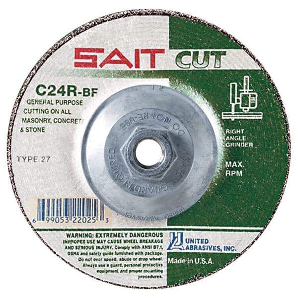 Sait - 24 Grit, 4-1/2" Wheel Diam, 3/32" Wheel Thickness, Type 27 Depressed Center Wheel - Silicon Carbide, Resinoid Bond, R Hardness, 13,300 Max RPM, Compatible with Angle Grinder - Caliber Tooling