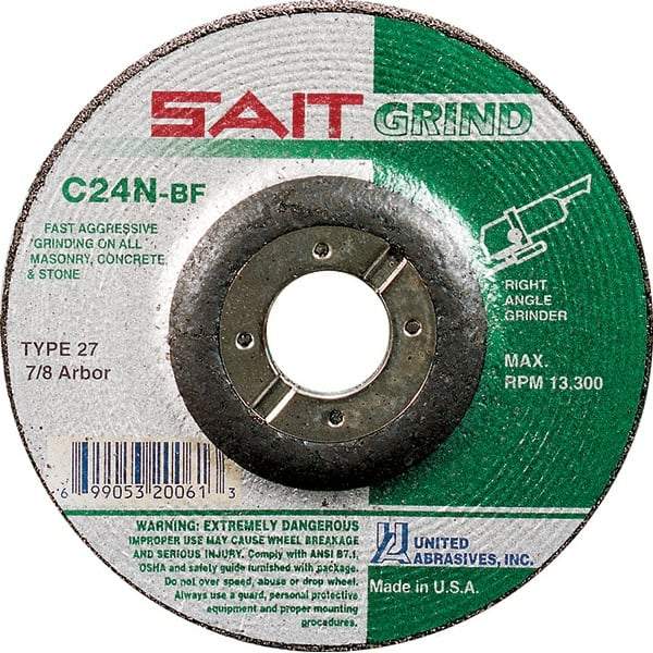 Sait - 24 Grit, 5" Wheel Diam, 1/4" Wheel Thickness, 7/8" Arbor Hole, Type 27 Depressed Center Wheel - Silicon Carbide, Resinoid Bond, N Hardness, 12,200 Max RPM, Compatible with Angle Grinder - Caliber Tooling