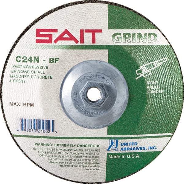 Sait - 24 Grit, 9" Wheel Diam, 1/4" Wheel Thickness, Type 27 Depressed Center Wheel - Silicon Carbide, Resinoid Bond, N Hardness, 6,600 Max RPM, Compatible with Angle Grinder - Caliber Tooling